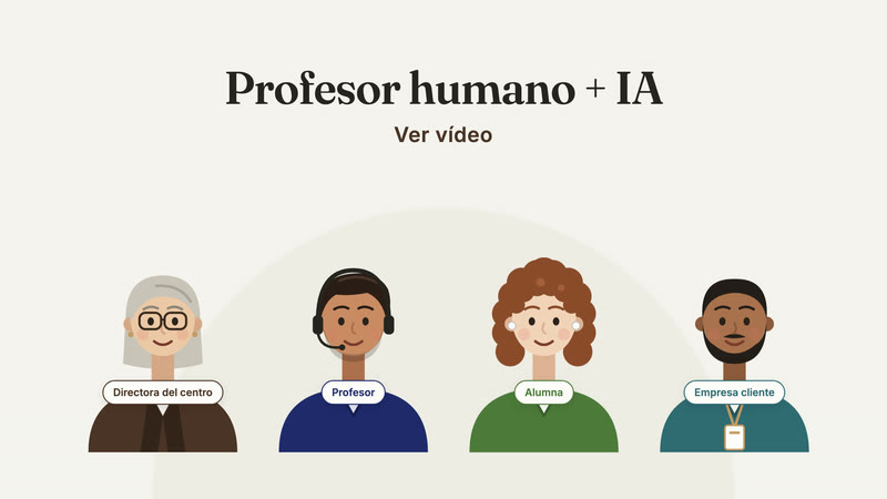 La directora del centro, el profesor, la alumna y la empresa cliente bajo el titular Profesor humano + IA