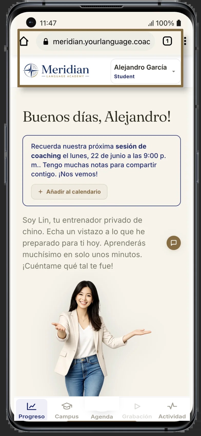 La app del alumno, con la marca del centro y su propia barra de navegación